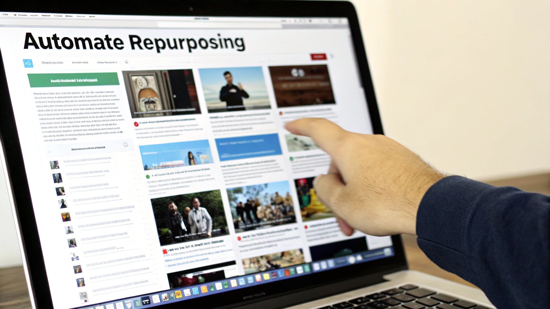 A hand points at a laptop screen displaying a website titled 'Automate Repurposing' with various content.