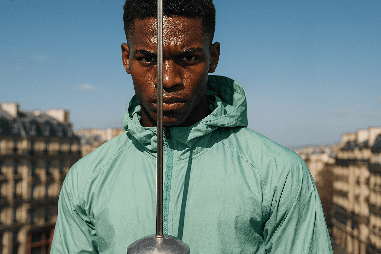 Focused young man in a mint green jacket staring ahead, with a fencing sword vertically aligned with his face, rooftops of a European city in the background.