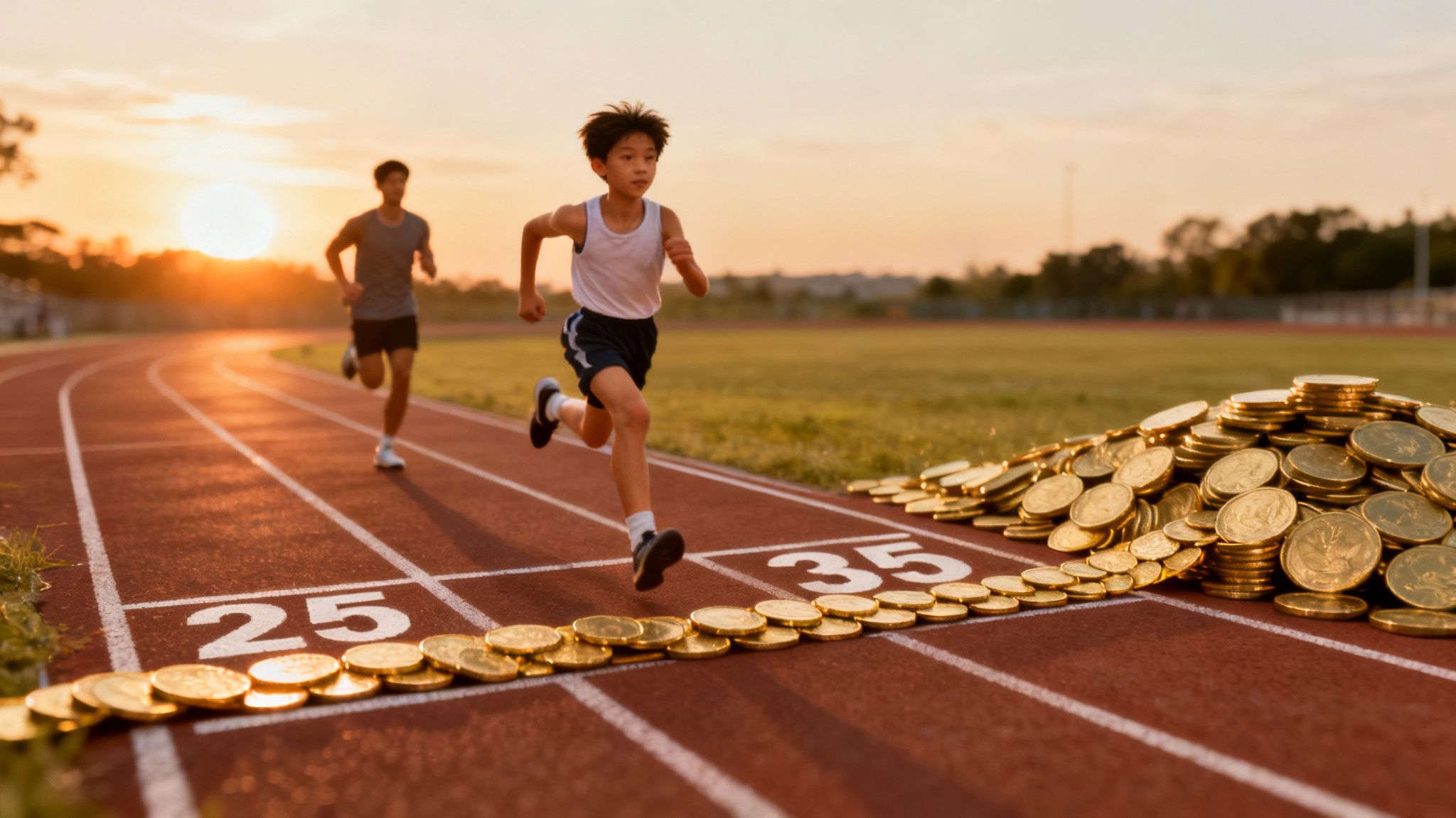 A young person looking thoughtfully at a chart showing financial growth on a laptop, with a coffee on the desk.