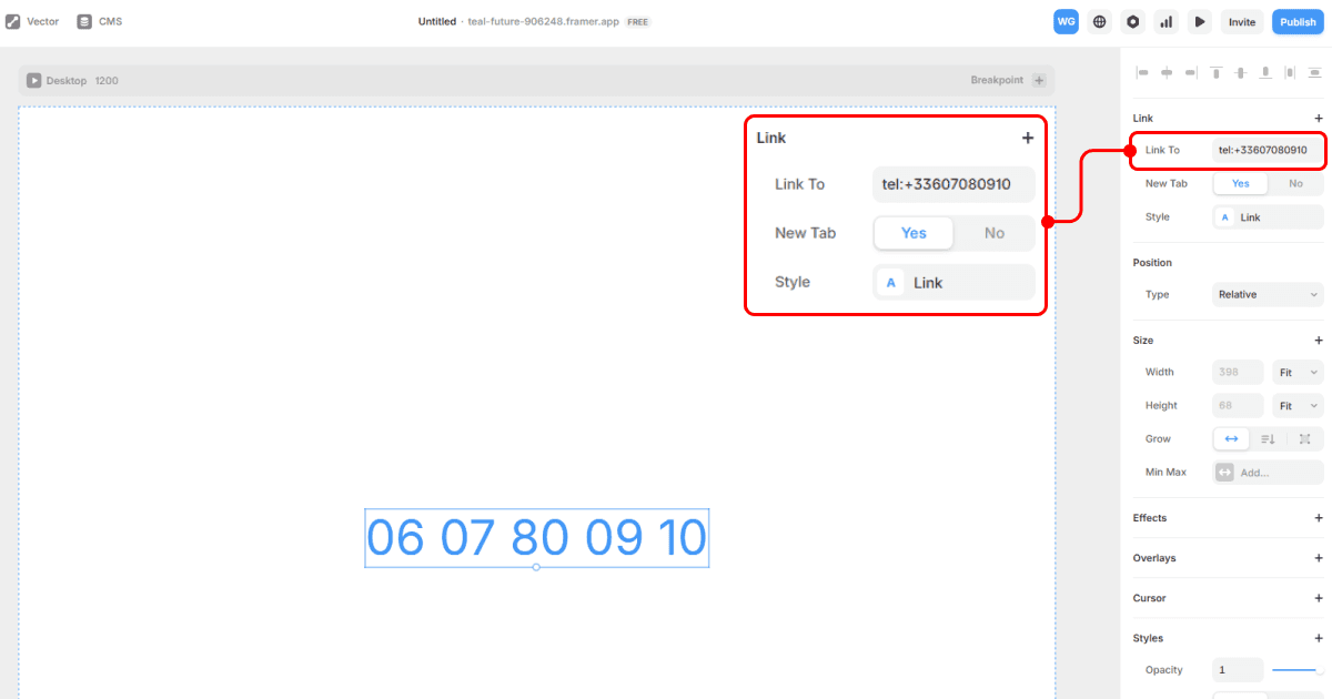 Ajout d’un lien tel dans Framer pour rendre un numéro de téléphone cliquable