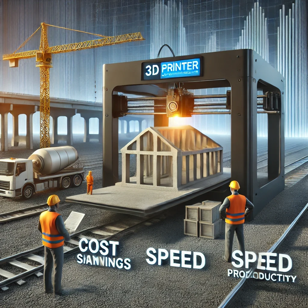 Chantier moderne avec une imprimante 3D construisant une structure rapidement, illustrant les économies de coûts, la rapidité et la productivité élevée apportées par la technologie de l'impression 3D dans les projets de construction.