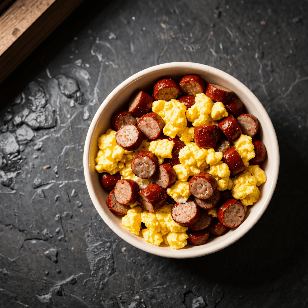 product photography of bowl of mixed cooked sausages and scrambled eggs