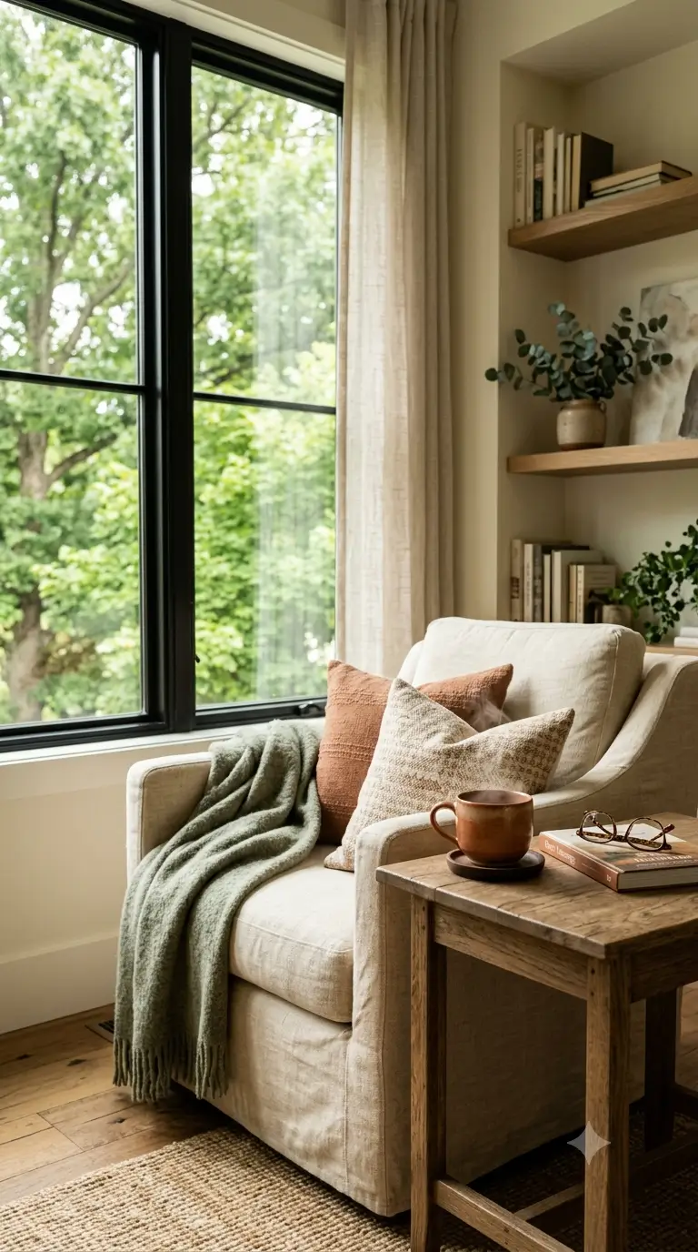 A linen armchair by a sunlit window with a cup of tea and an open journal, soft morning light, green trees beyond.