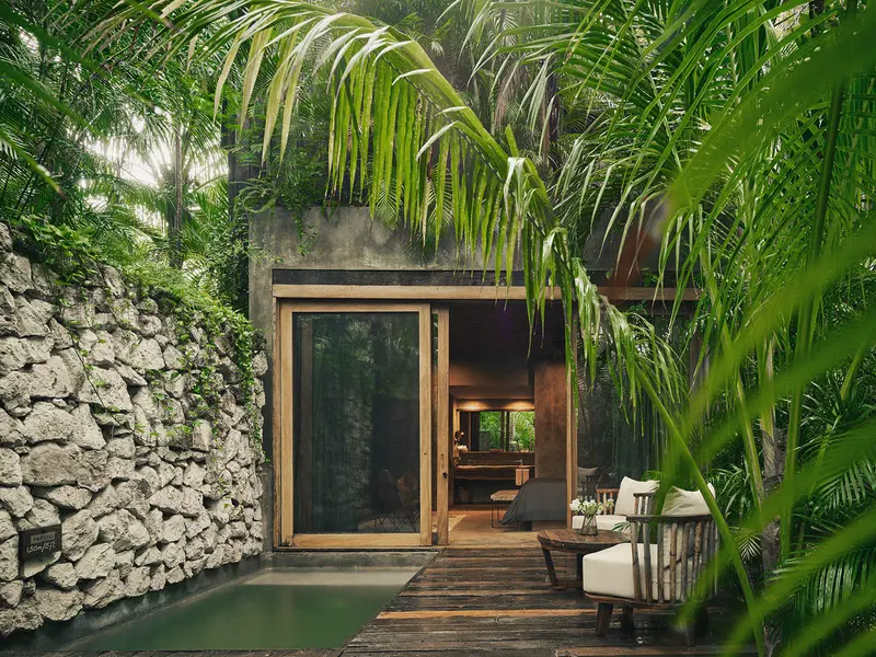 Tierra Suite at Be Tulum with private pool, terrace seating, and surrounding vegetation.