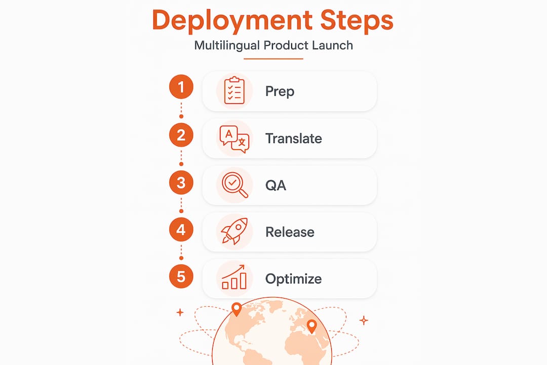 Infographic with multilingual deployment process steps