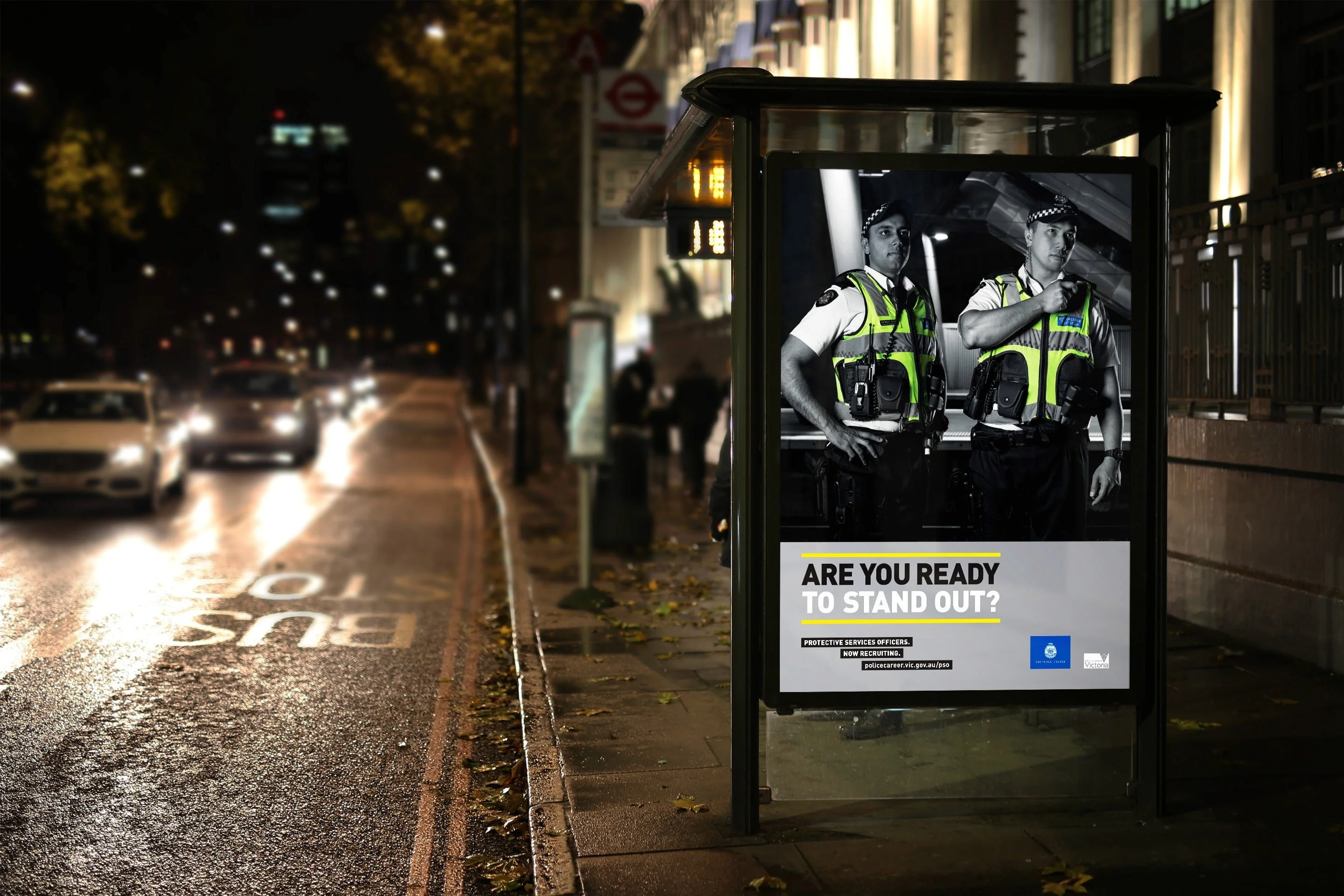Night bus shelter poster: Victoria Police protective services officers asking 'Are you ready to stand out?'