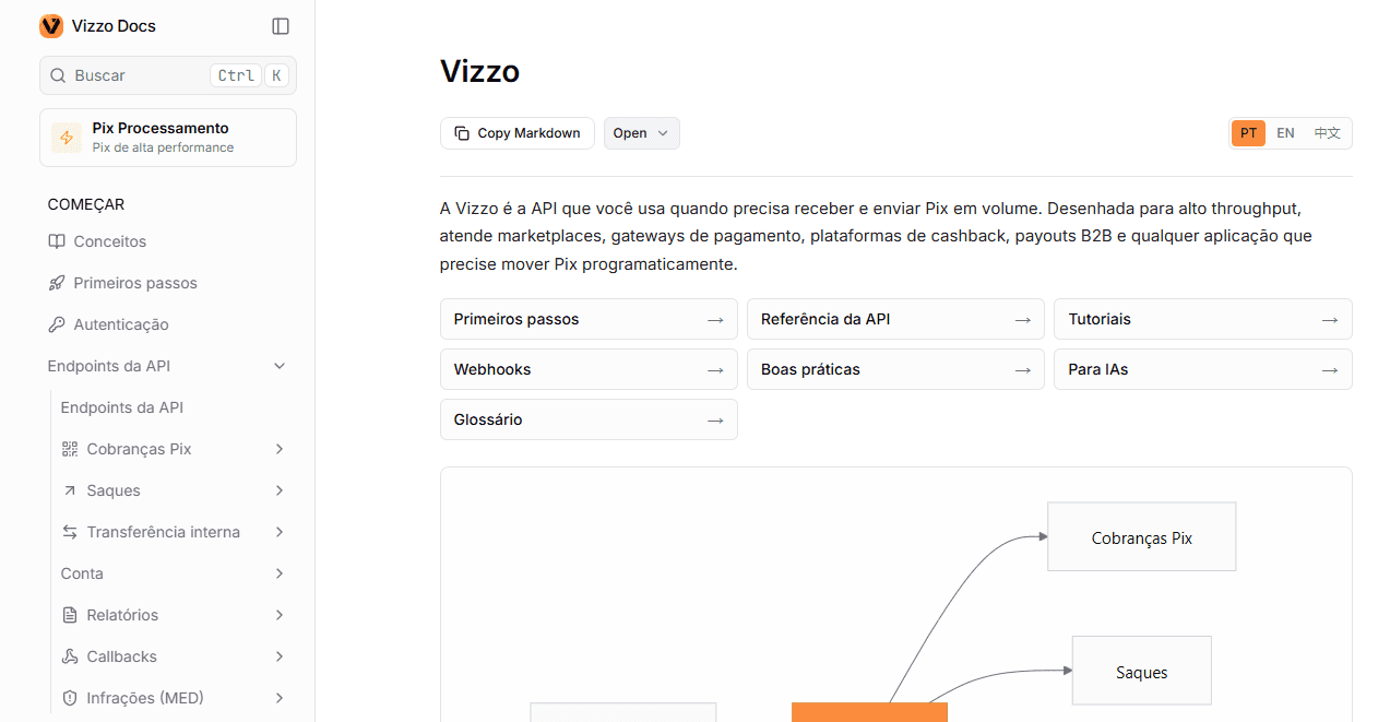 Interface da documentação Vizzo