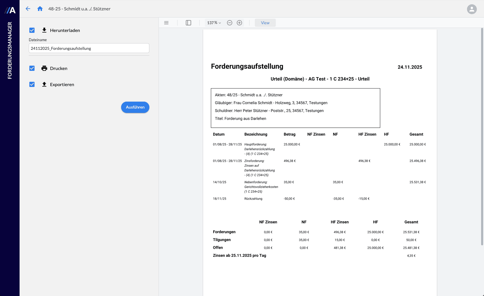 Dargestellt ist die Vorschau eines PDFs mit der Forderungsaufstellung eines Forderungskontos inklusive Akteninfos, Daten und Zinsen. Es besteht die Option die Auftsellung herunterzuladen, zu drucken oder in die Akte zu exportieren.