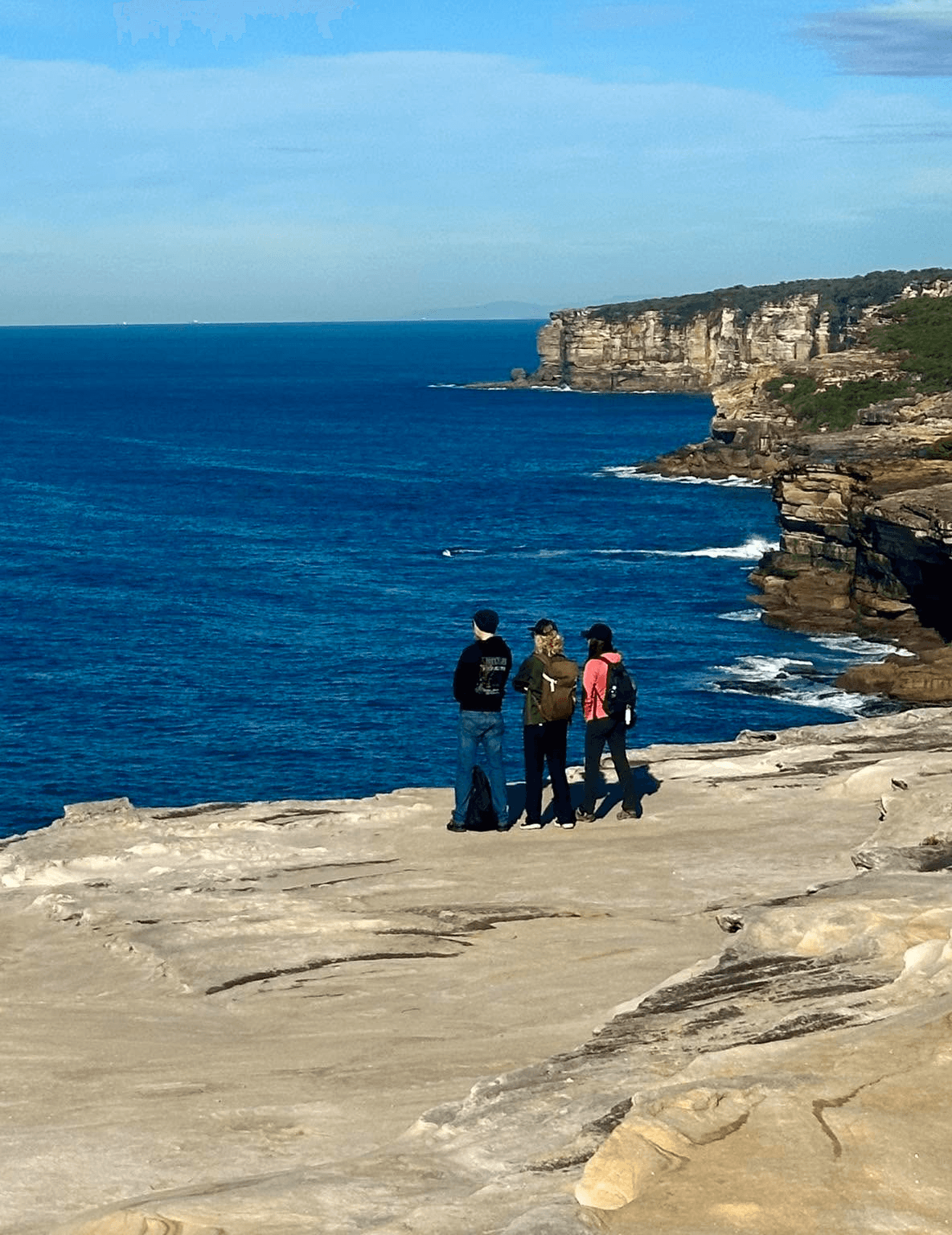 Two people standing on a coastal cliff and looking out across the ocean in Sydney, NSW