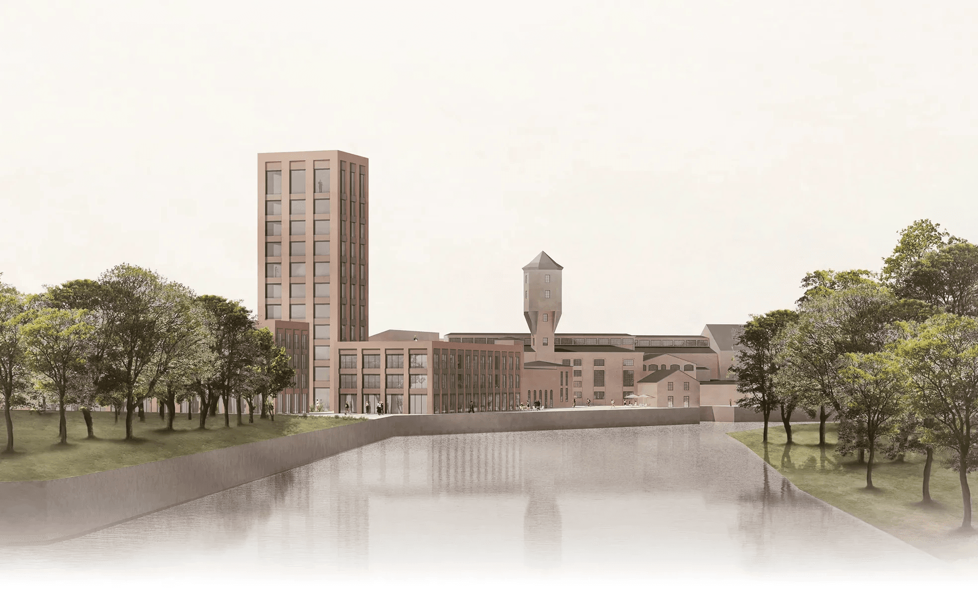 Visualisierung des Areals der Papierfabrik Wolfswinkel in Eberswalde vom Finowkanal mit Quartiersplatz und Wasserturm