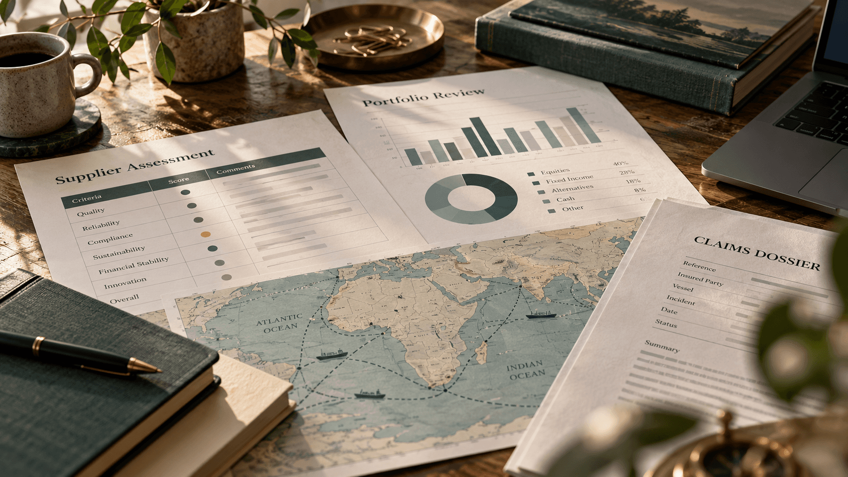 Four organised groups of business research material arranged across one working table.