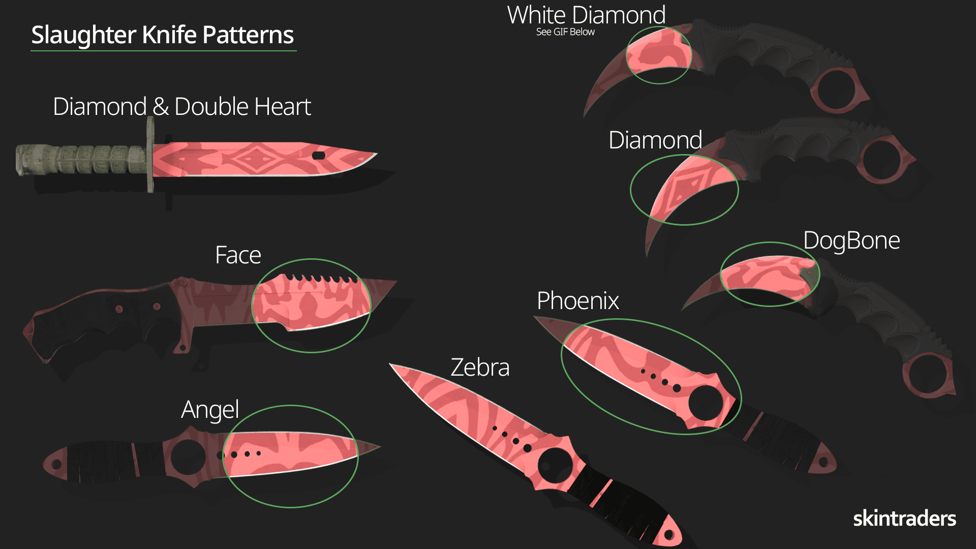 CS2 All Slaughter Knives Patterns showcased, with Bayonet, Hunstman, Skeleton Knife, Karambit