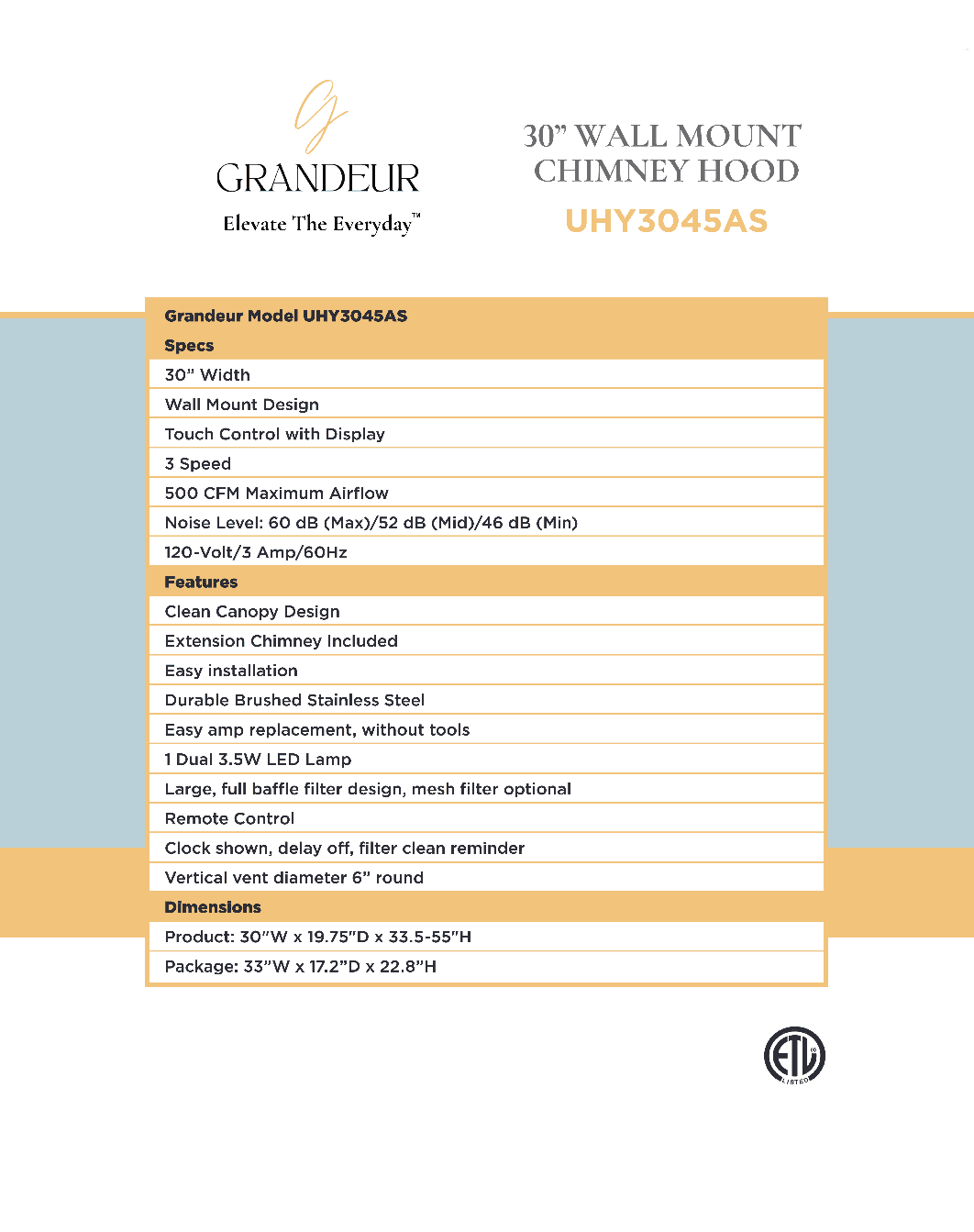 30" WALL MOUNT CHIMNEY HOOD UYY3045AS