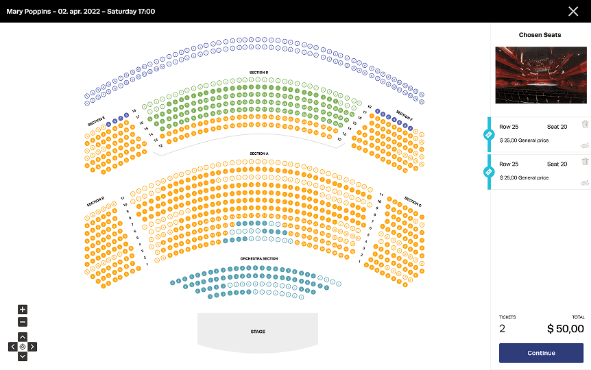 Hall view where users can choose their seats
