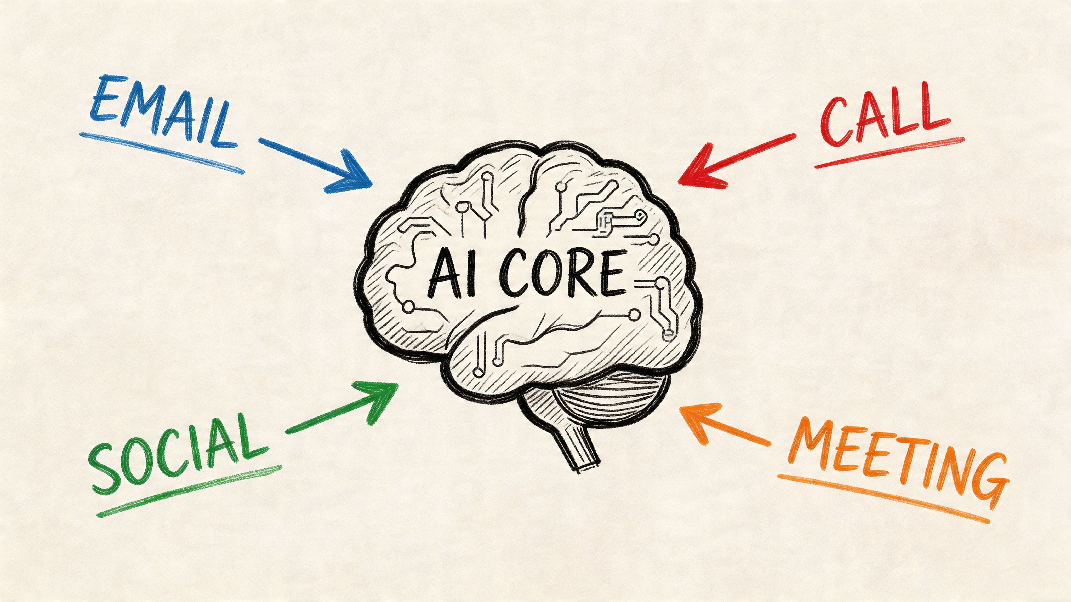 A digital illustration of a brain labeled AI Core connected to email, call, social media, and meeting sources.