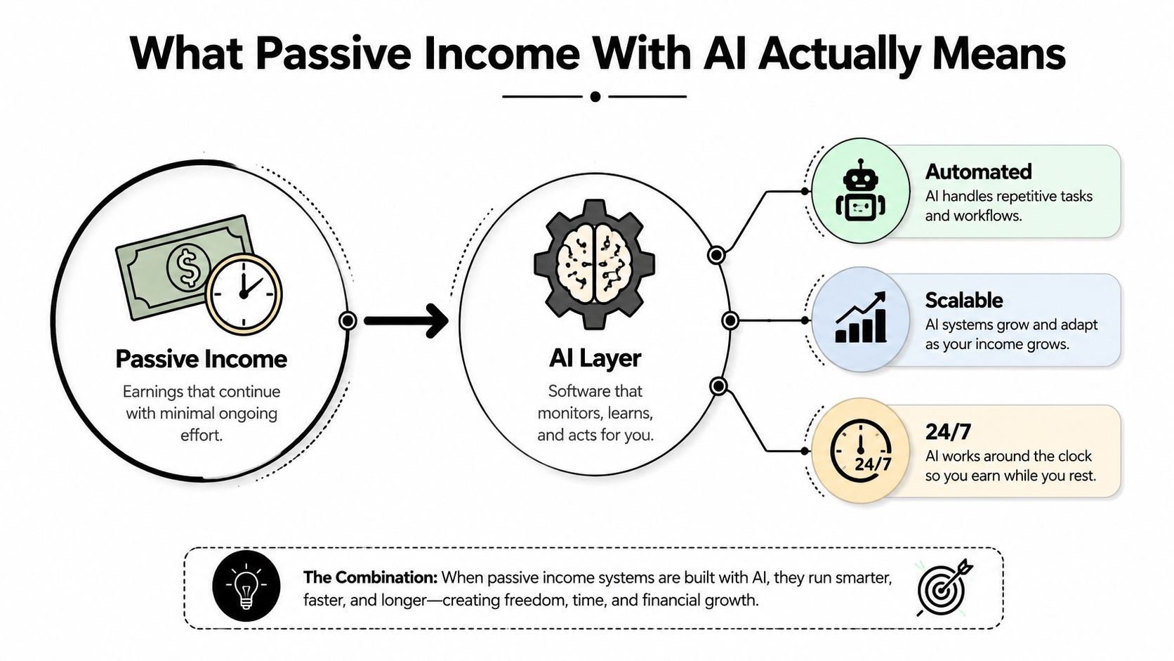 A diagram explaining how AI-driven systems automate processes to generate passive income efficiently around the clock.