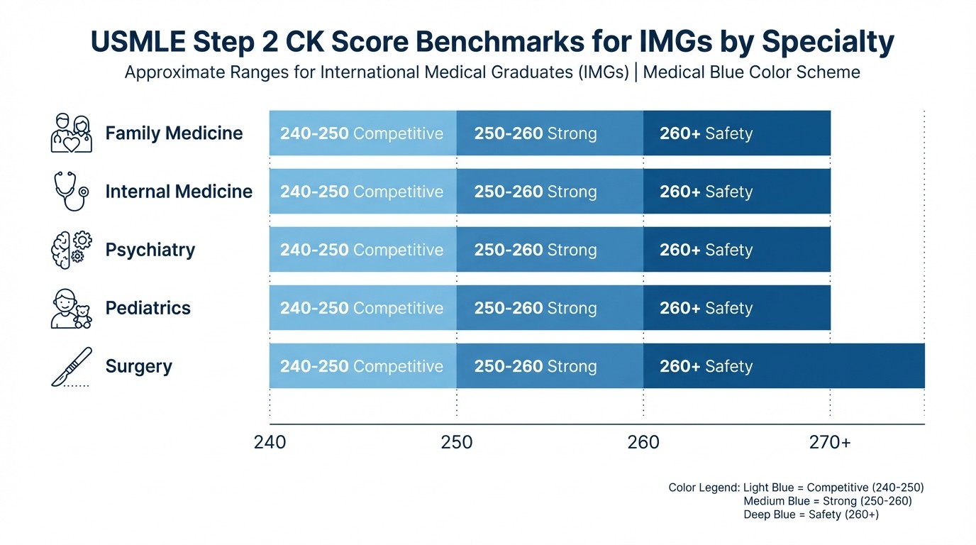 USMLE Step 2 CK score benchmarks by specialty for IMG applicants 2026