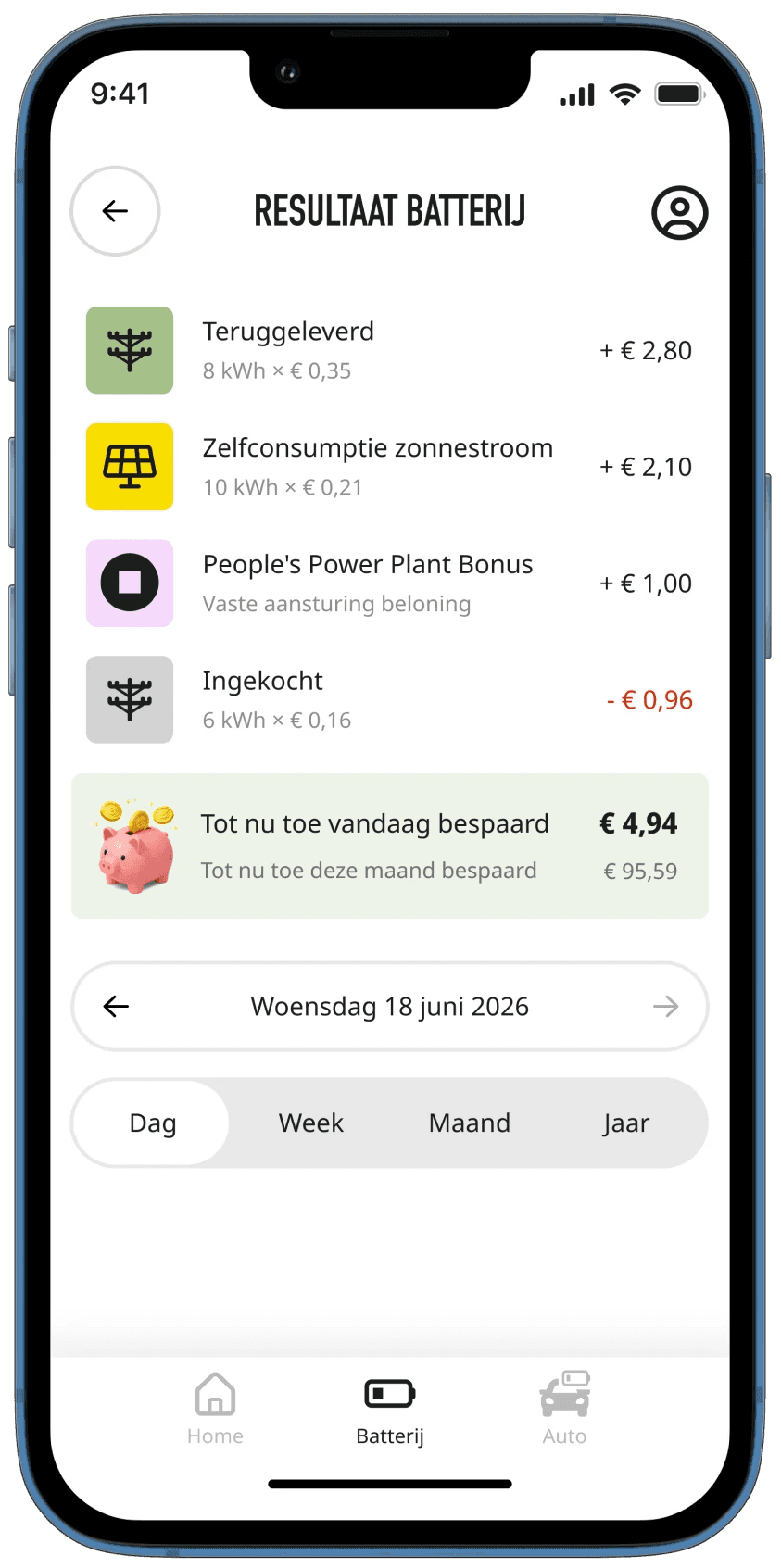 Hegg app thuisbatterij acvititeit en widget
