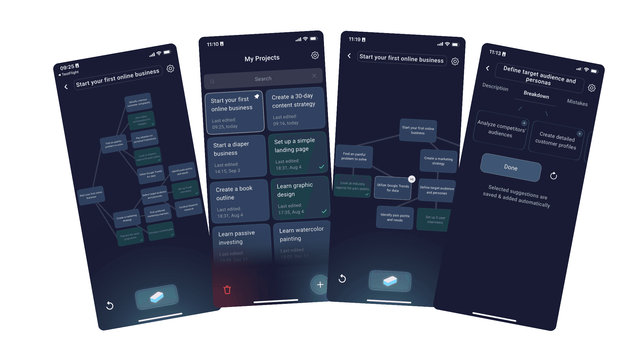 A combined screenshot showing Brick's main screen featuring 8 projects, a "Build a web app with no code" project being broken down, and a "Create a simple landing page" task with subtasks suggested by AI