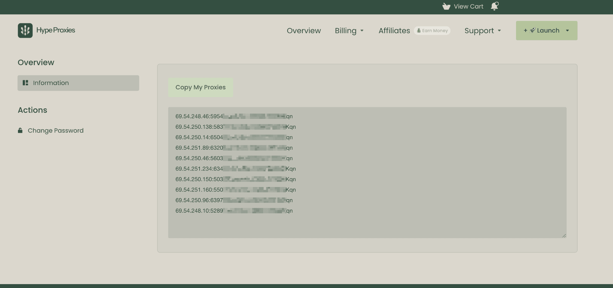 HypeProxies dashboard with a Copy My Proxies button above a list of ten proxy endpoints in IP:PORT:USERNAME:PASSWORD format, with the credential portions blurred. The IPs span the 69.54.248.x, 69.54.250.x, and 69.54.251.x ranges.