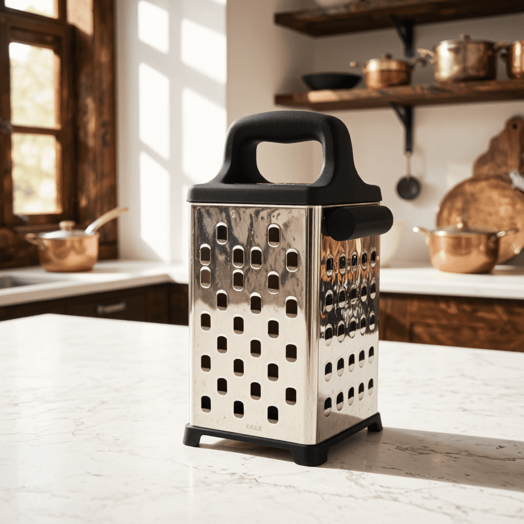 product photography of a box grater used for shredding and grating food