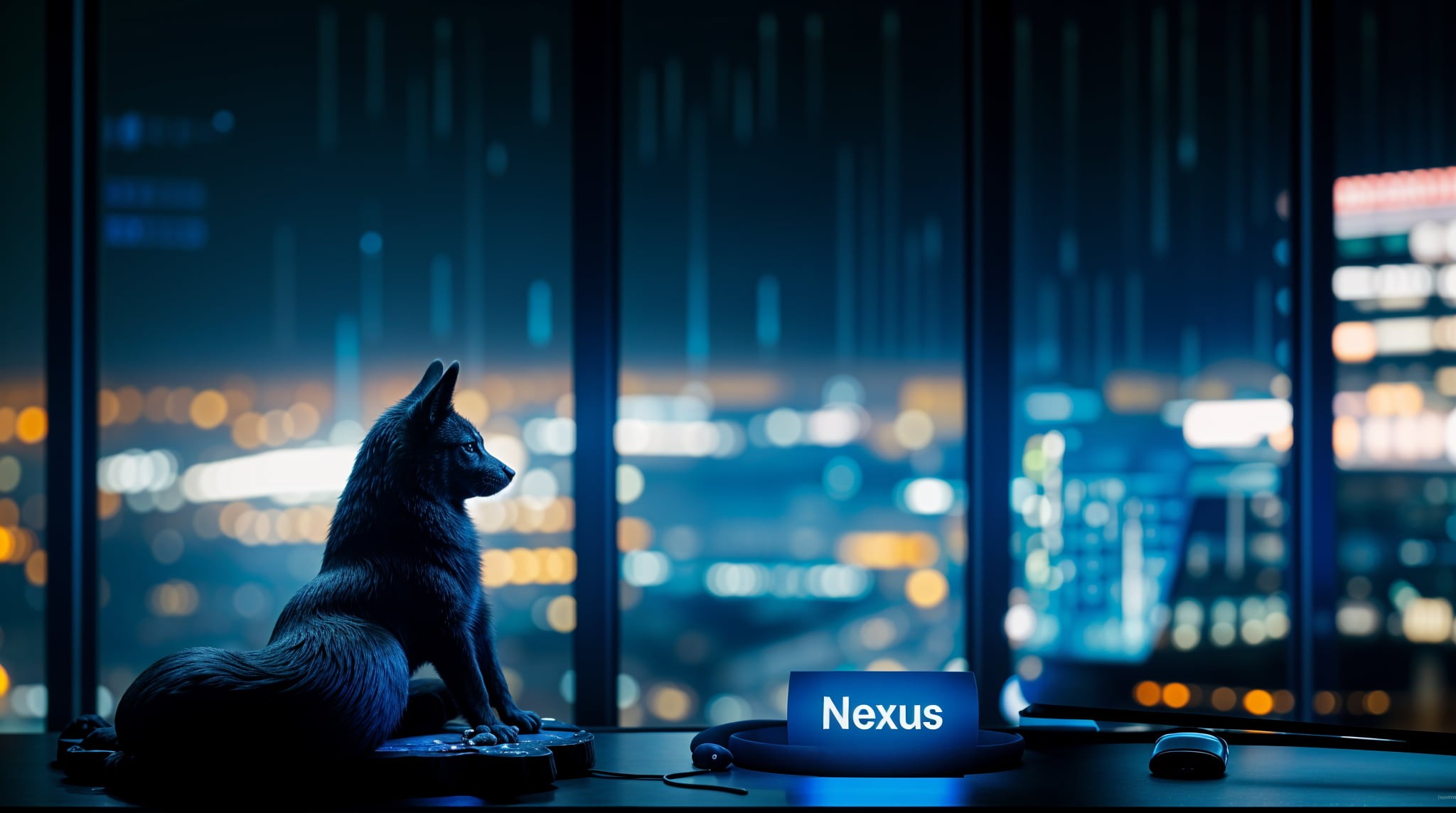 an office at night, a small wolf sitting on the office table