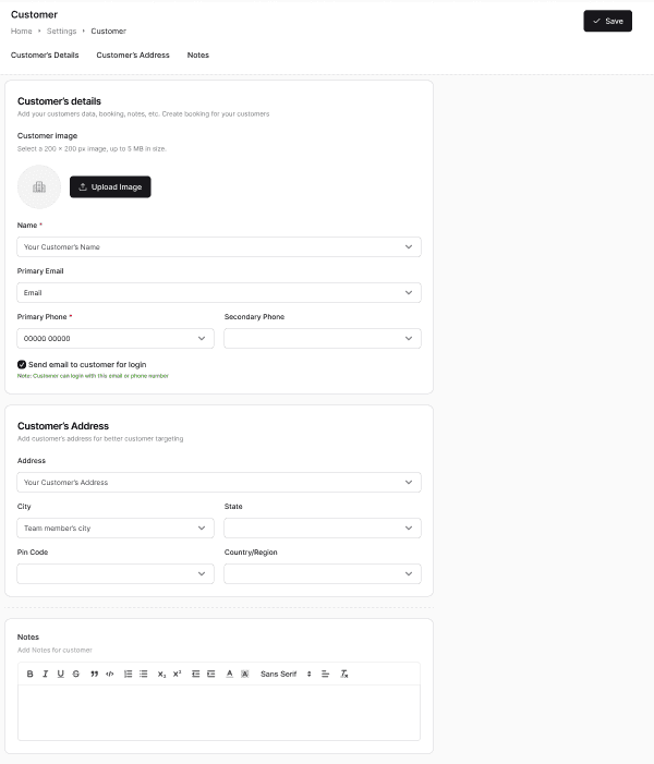 Create Customer form with customer details, address and notes sections