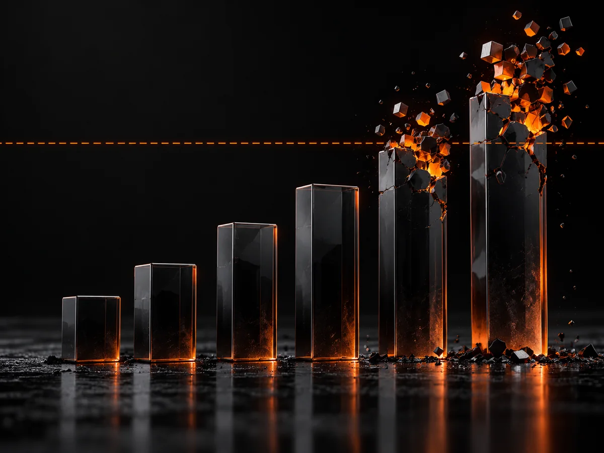 Tall glass towers cracking apart at the top into orange fragments