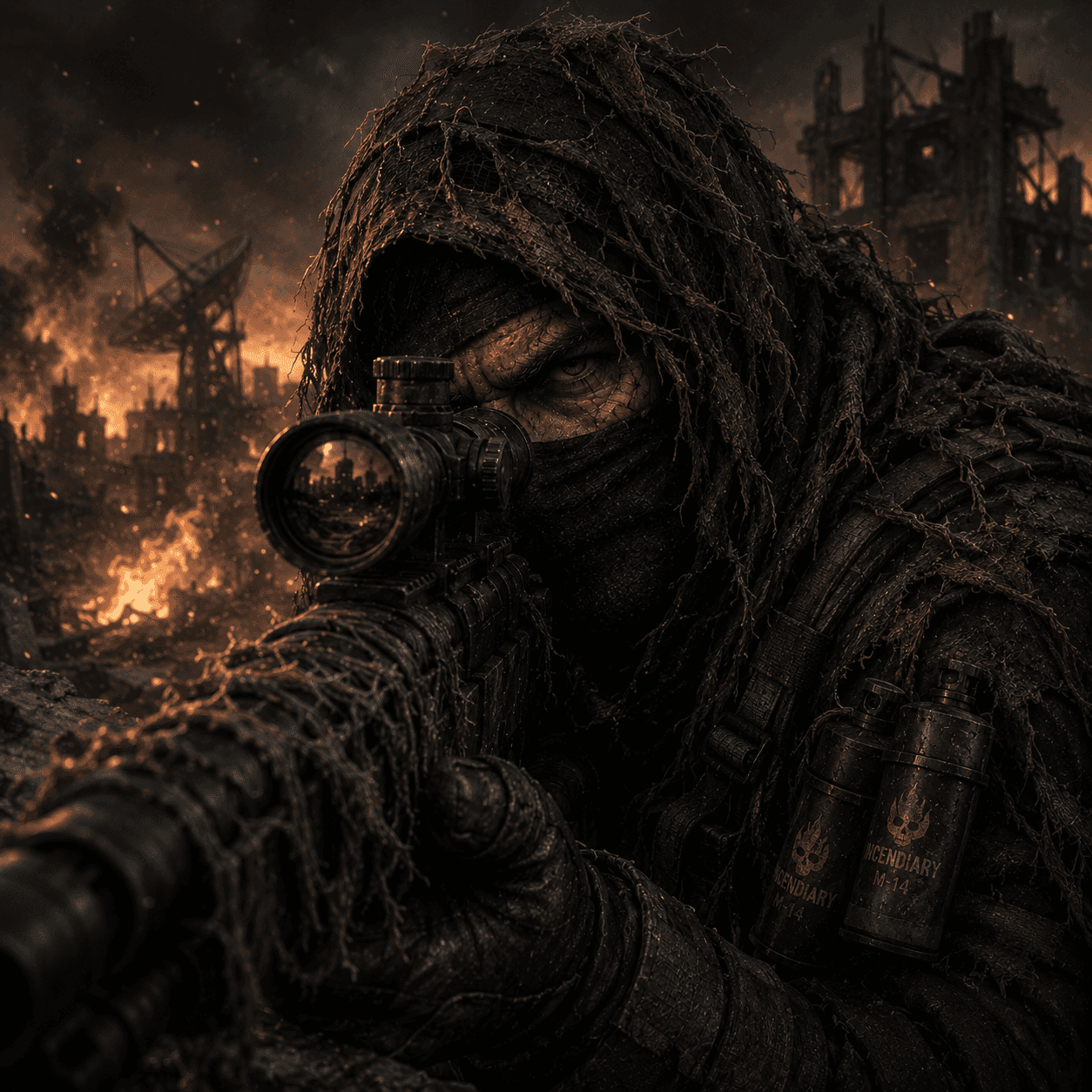 Man with sniper and a background on fire 
