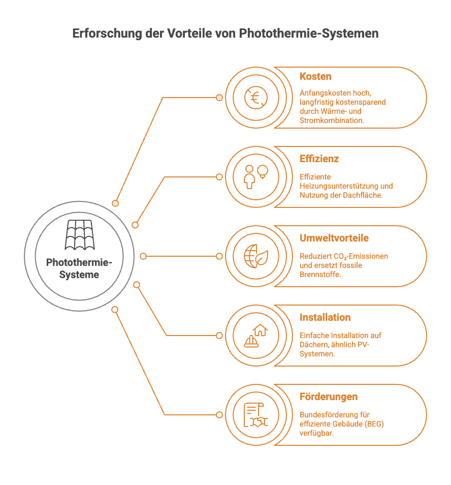 Infografik zu Photothermie: Vorteile, Kosten, Effizienz, Umweltvorteile, Installation und Förderungen übersichtlich dargestellt.
