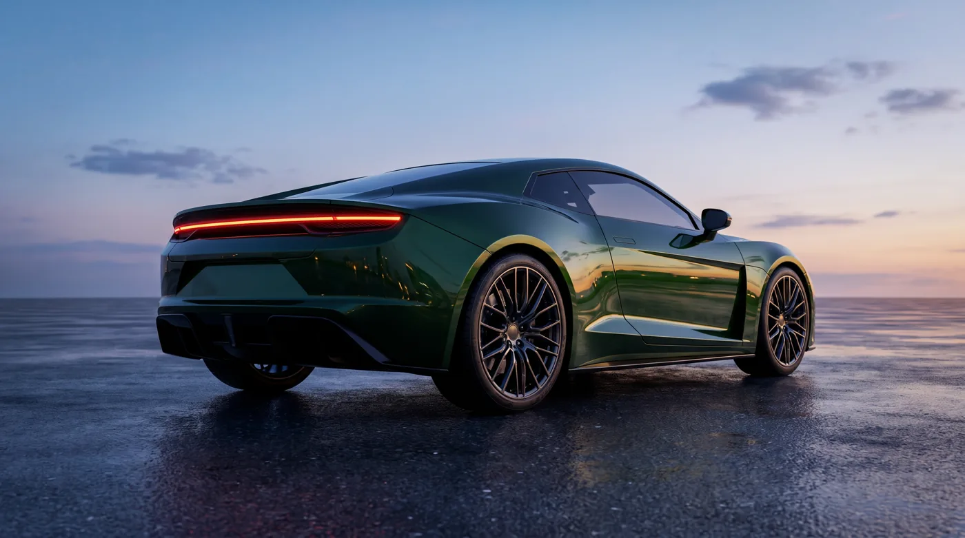 A dark green electric coupé on wet asphalt at dusk