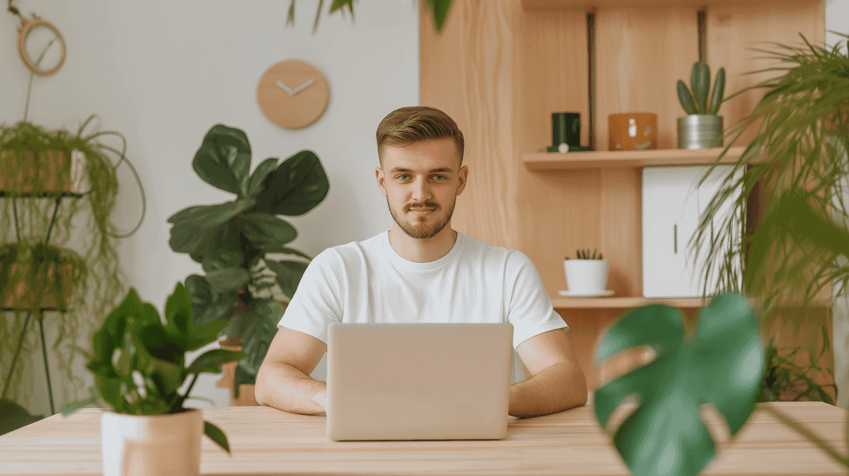 Home office with someone using a laptop surrounded by plants