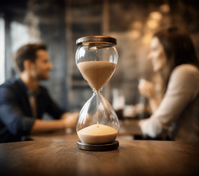 ein paar sitzt an einem tisch, neben dem paar steht eine sanduhr