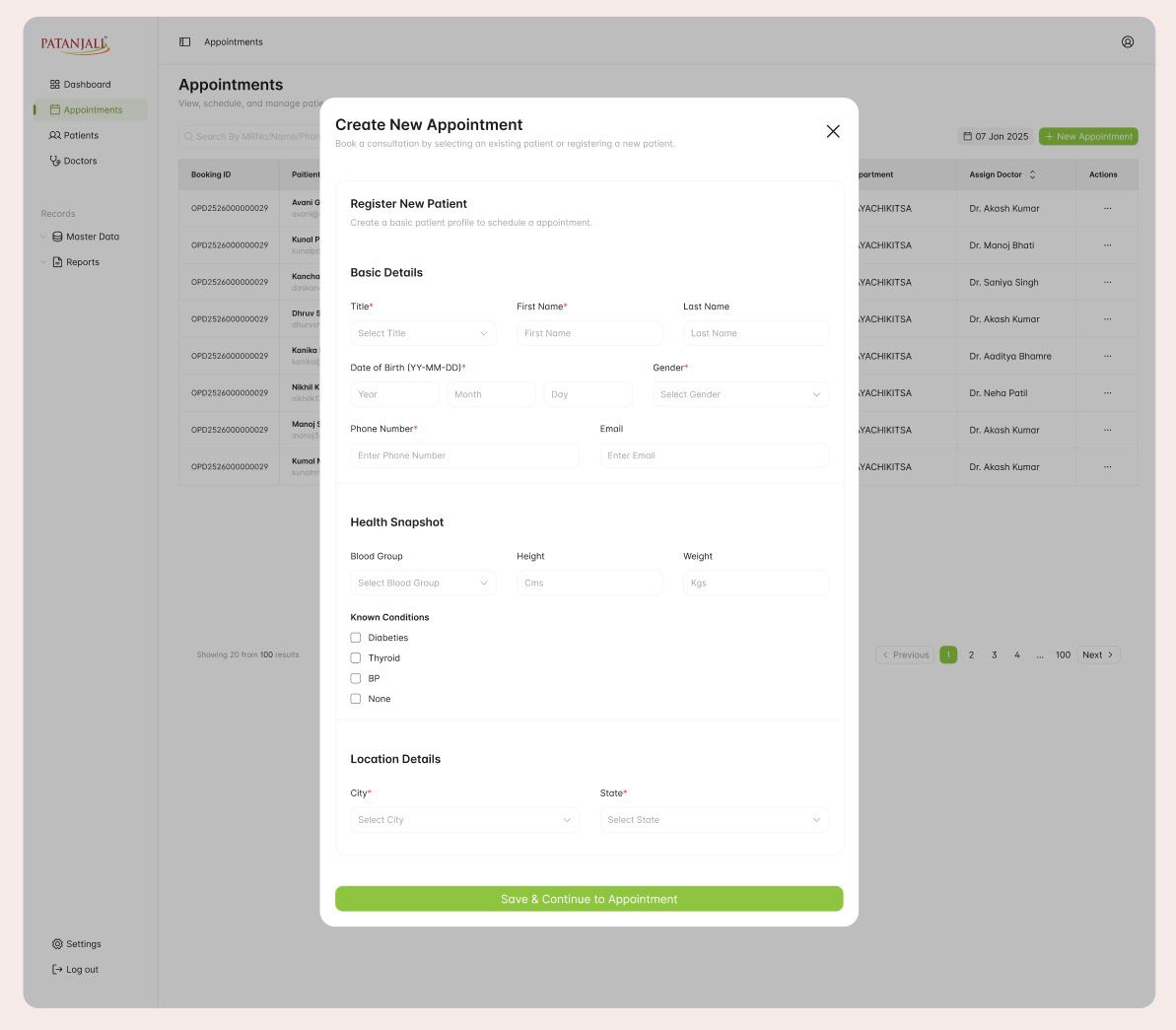 Register new patient form with basic details, health snapshot and location details