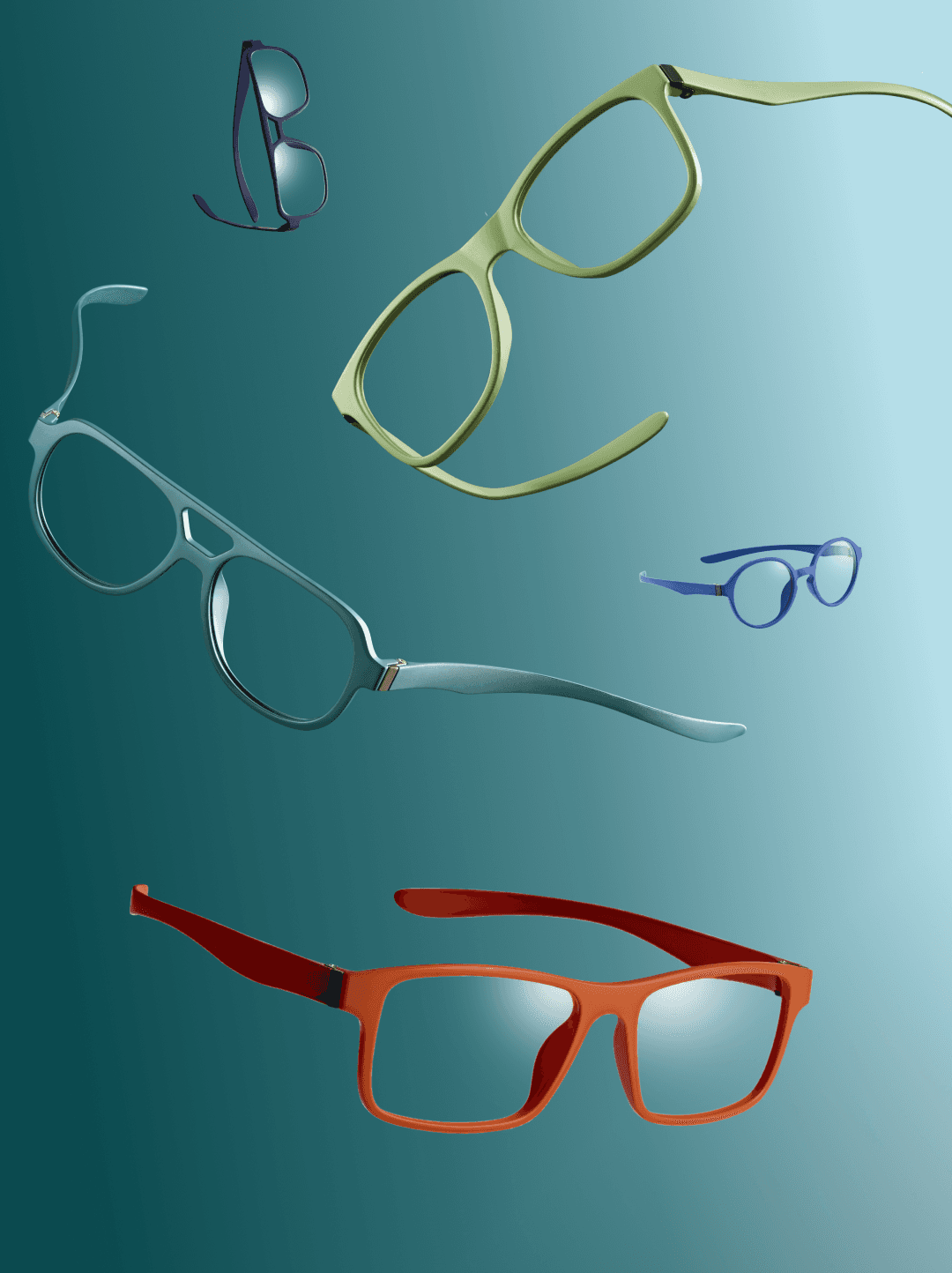 Five Zenni OptiFlex frames in navy, green, teal, blue, and orange floating against a teal gradient background
