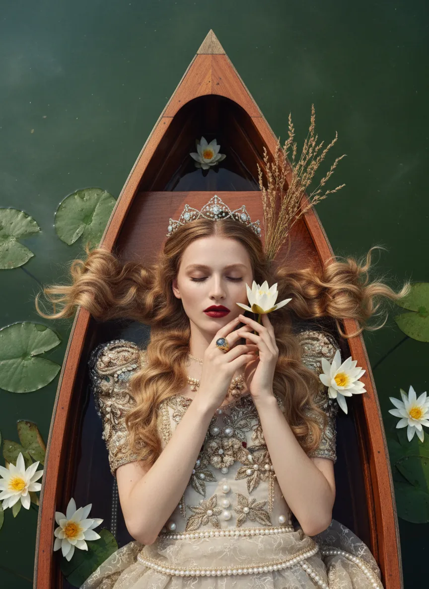 scene4-ai product photography-jewelry campaign creation-sleeping beauty on a boat