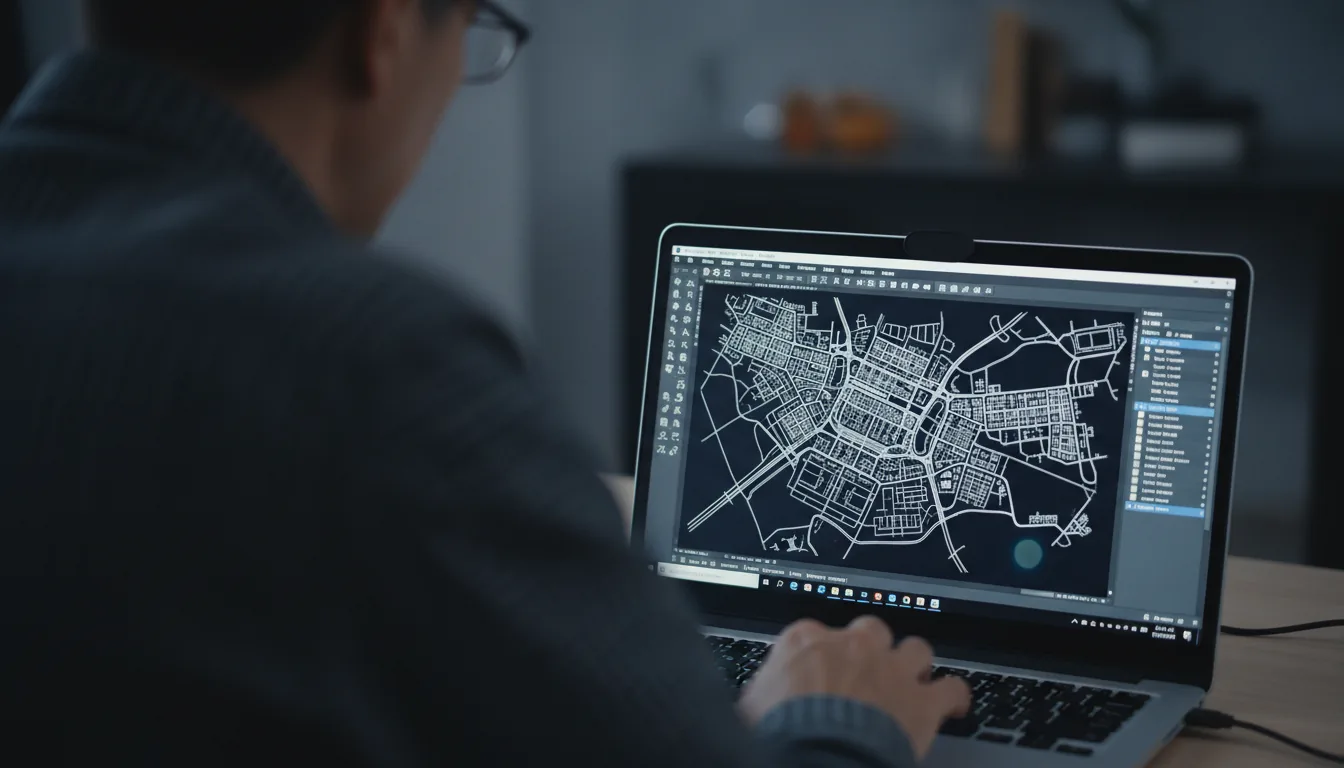 DSLR photograph, over-the-shoulder view of an architect using a silver laptop in a dark room. The screen is in sharp focus, displaying the Autodesk AutoCAD software interface in Modern Dark Mode, which shows a complex white line drawing of a city plan. The screen is filled with detailed UI elements, toolbars, and a Layers panel with abstracted text lines. Cinematic contrast and moody lighting, with the glow from the screen illuminating the scene. Shallow depth of field creates a strong bokeh effect, with the person's dark-clothed shoulder heavily blurred in the foreground. A black plastic webcam privacy cover is visible on the laptop's top bezel.