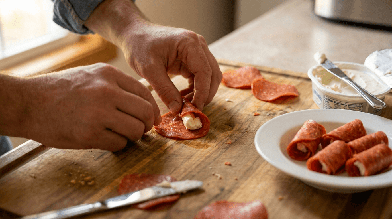 Hands rolling pepperoni slices with cream cheese for keto friendly snacks