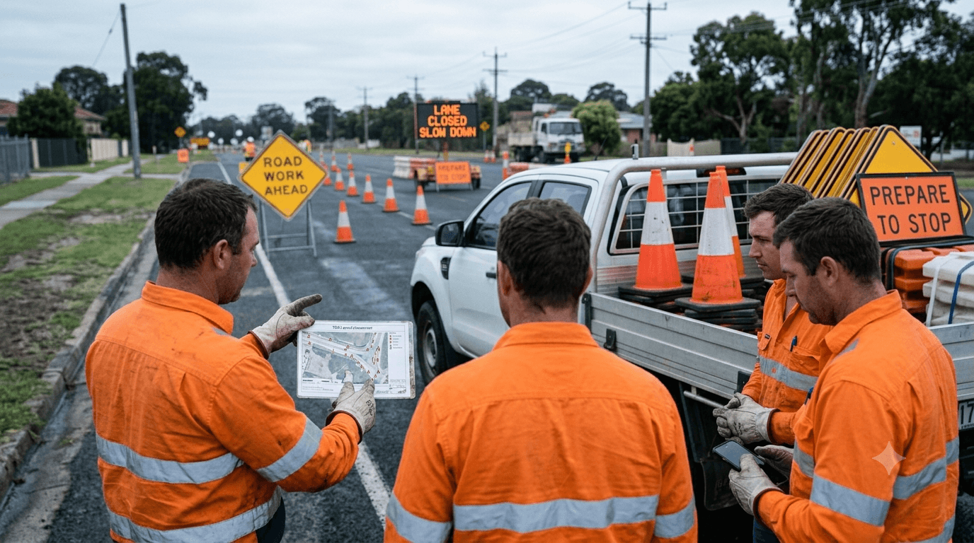 traffic controller team on site reviewing a TGS during a pre-start meeting