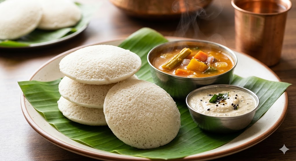 A stack of fluffy, steamed white idlis served on a fresh banana leaf with a bowl of steaming vegetable sambar and a bowl of white coconut chutney, with copper utensils in the background.