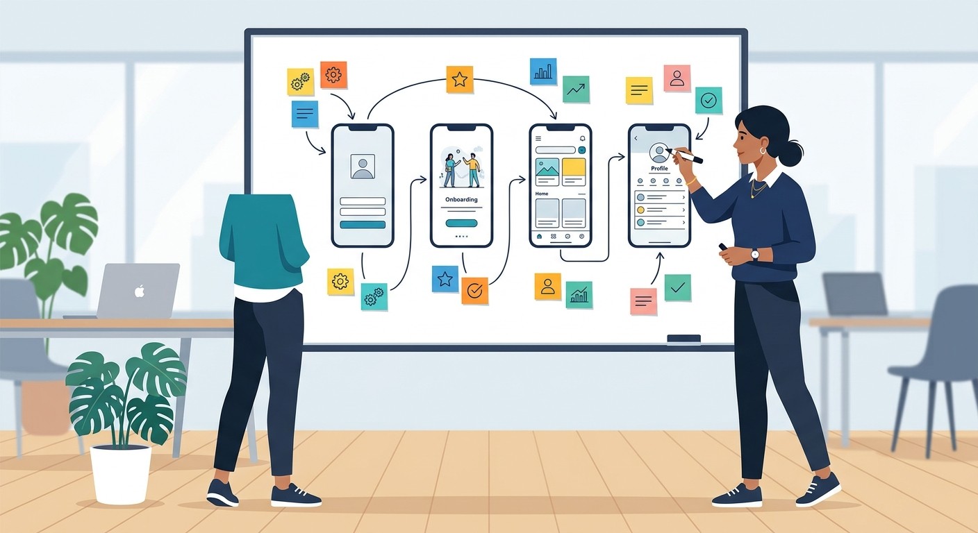Illustration of a person drawing a mobile app wireframe on a whiteboard with sticky notes and arrows showing user flow.