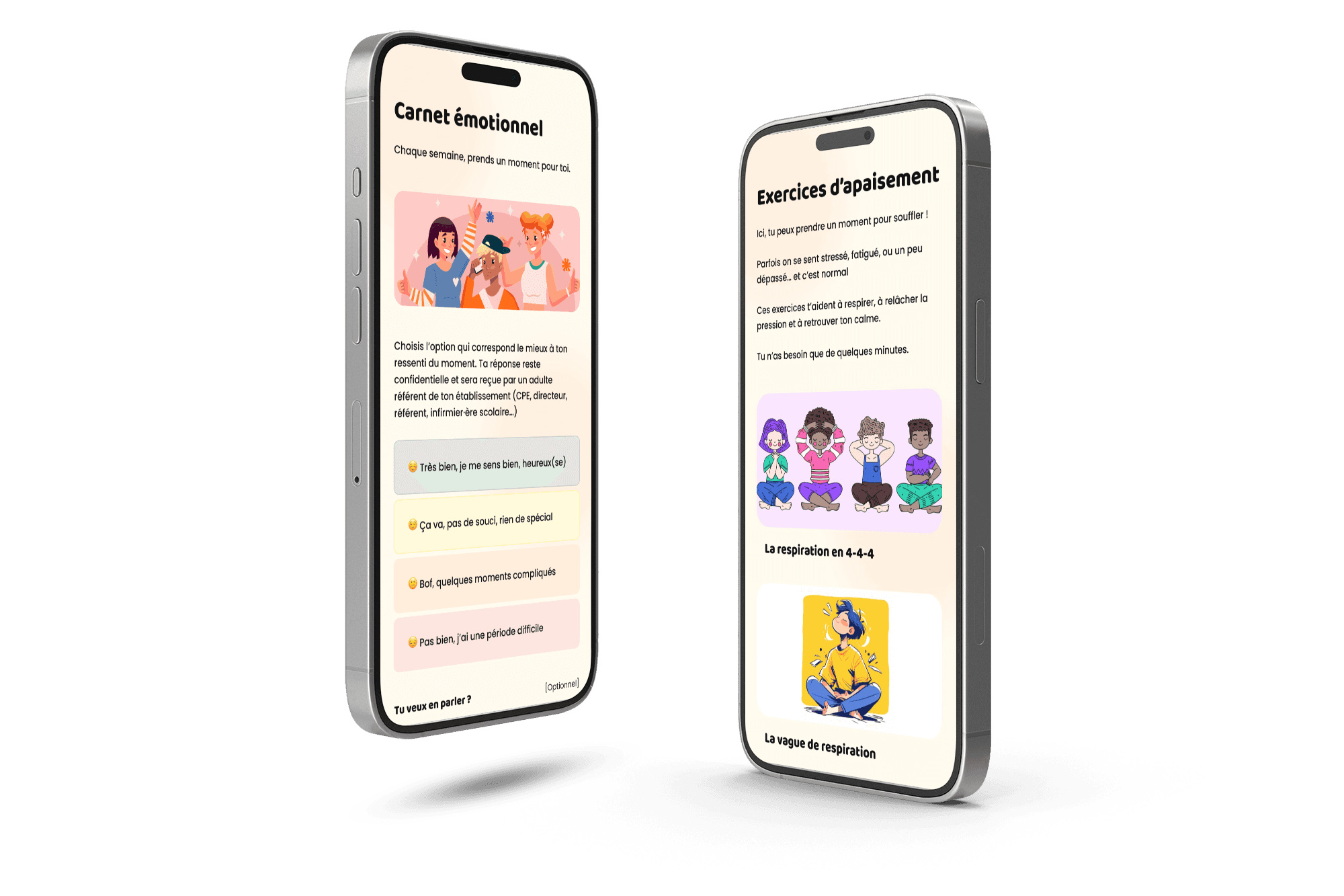 Application Prevent' School - Ecrans de l'application - Carnet émotionnel et exercices d'apaisement