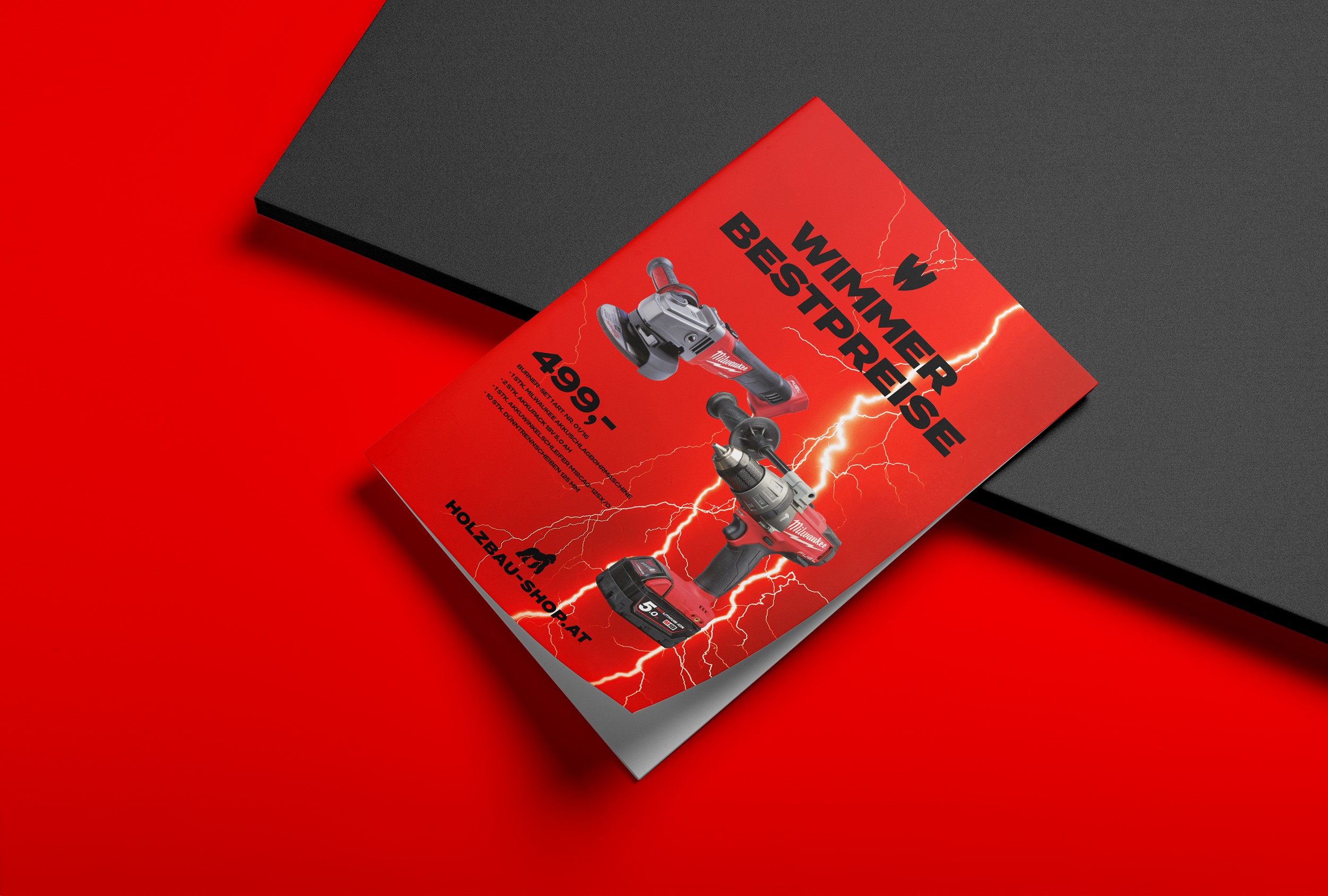 Anwendung des neuen Brand Designs auf Visitenkarten, Briefpapier und Werbematerialien für den Wimmer Holzbau-Shop.