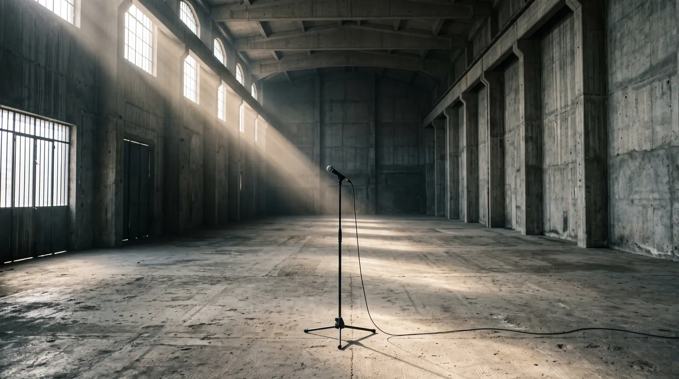 A lone microphone on a stand in a large empty concrete hall lit by sunbeams