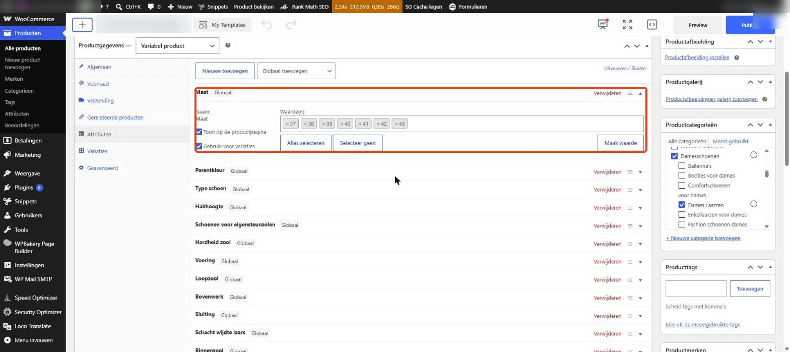 WooCommerce: het attribuut Maat met waarden en Gebruik voor variaties aangevinkt
