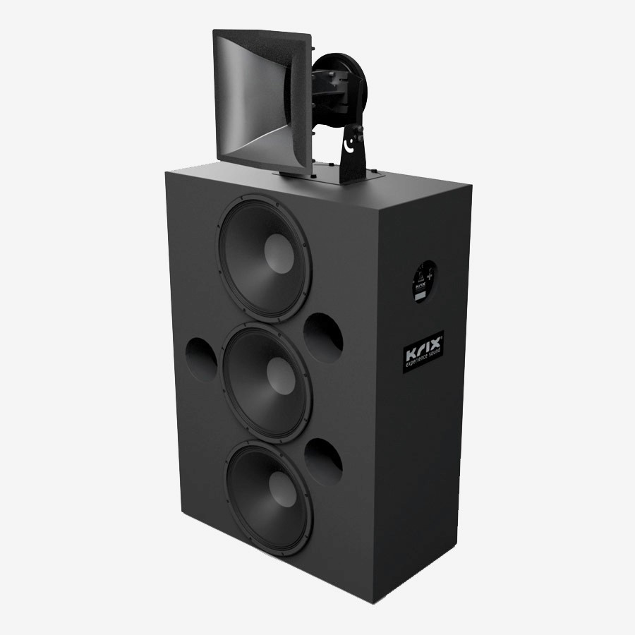 Black loudspeaker with three cones and a horn tweeter