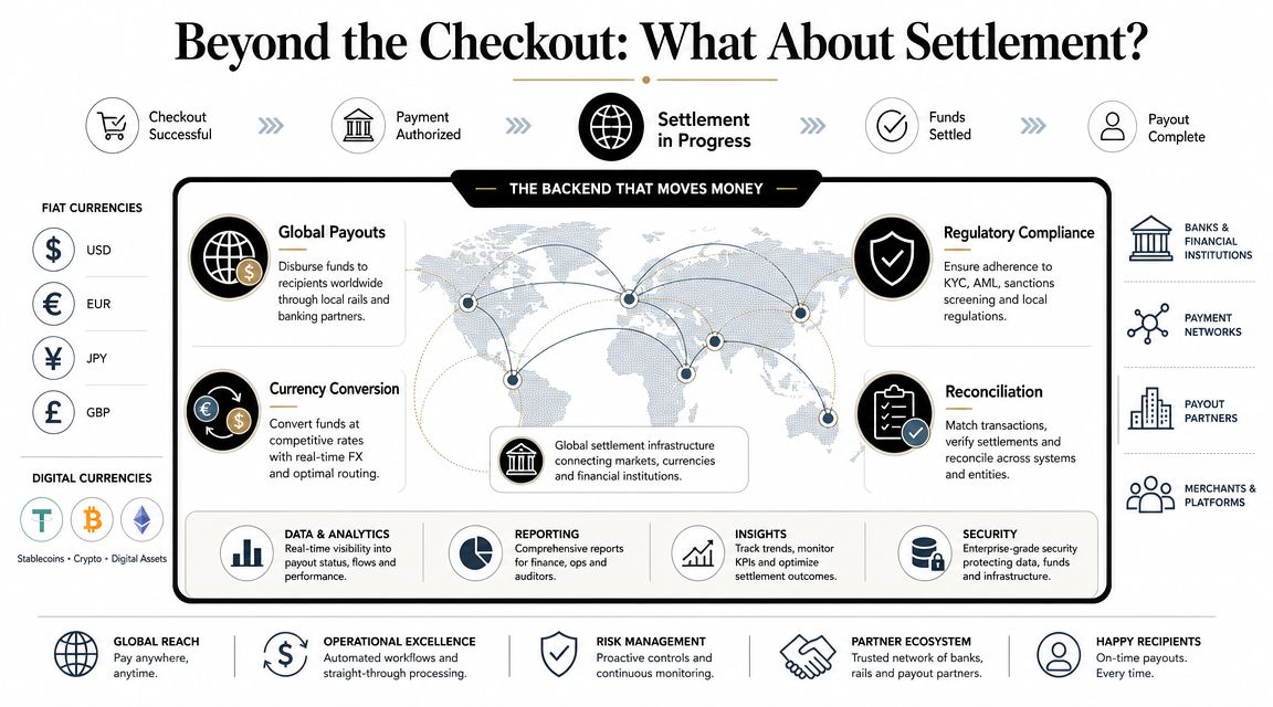 A diagram illustrating the complex global payment settlement process between businesses and financial institutions.