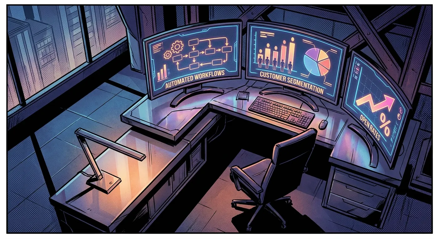 Modern office desk with digital marketing data on monitors, by RockN' Socials.