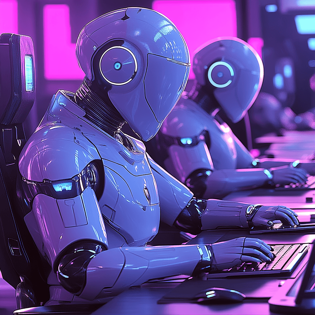 Mehrere Roboter sitzen an Computern