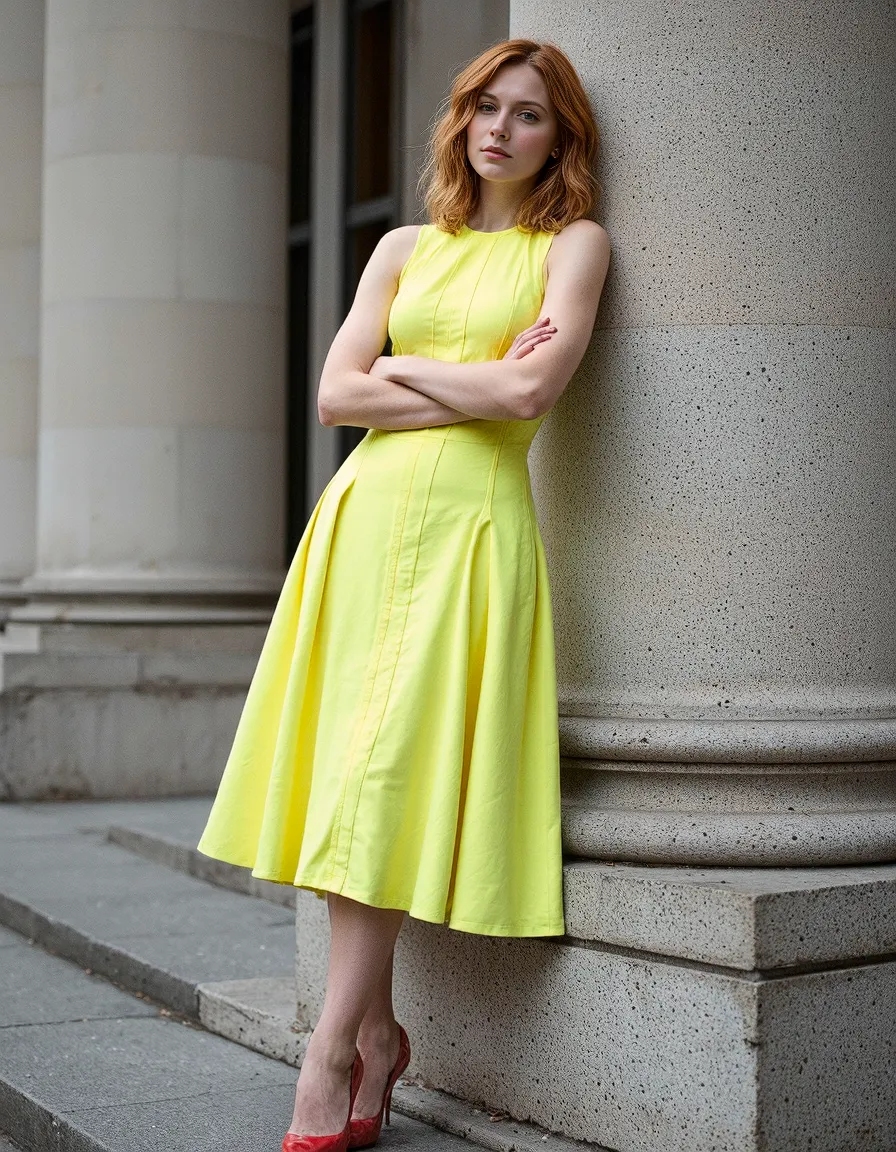 Vibrant neon yellow sleeveless dress with pleated skirt styled against textured concrete architecture, paired with red heels